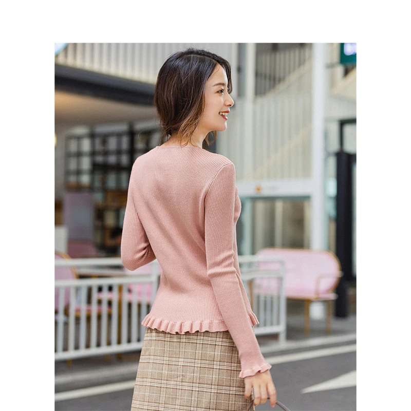 INMAN Winter Elegant Solid Color V Neck Drawstring Flower Swing Women Pullover Sweater