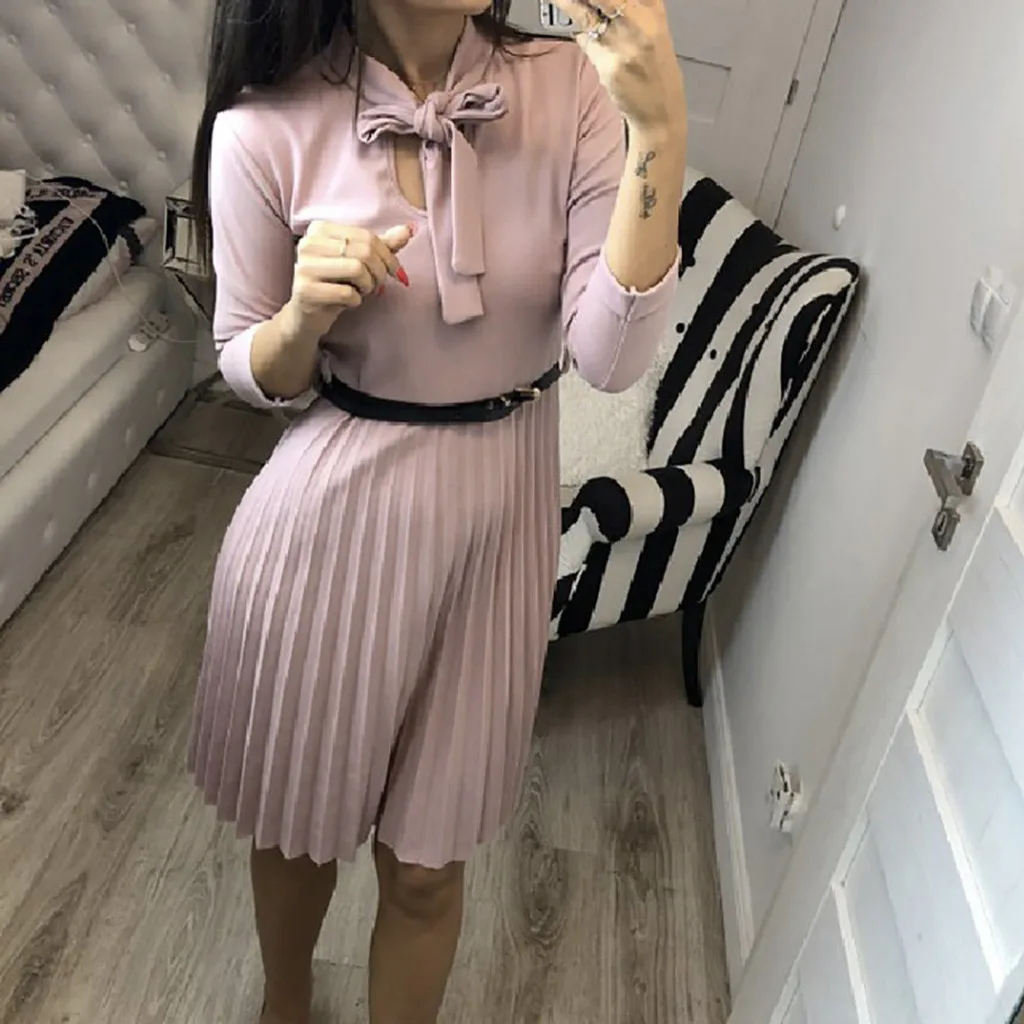 Женские платья однотонное мини-платье с круглым вырезом длинным рукавом