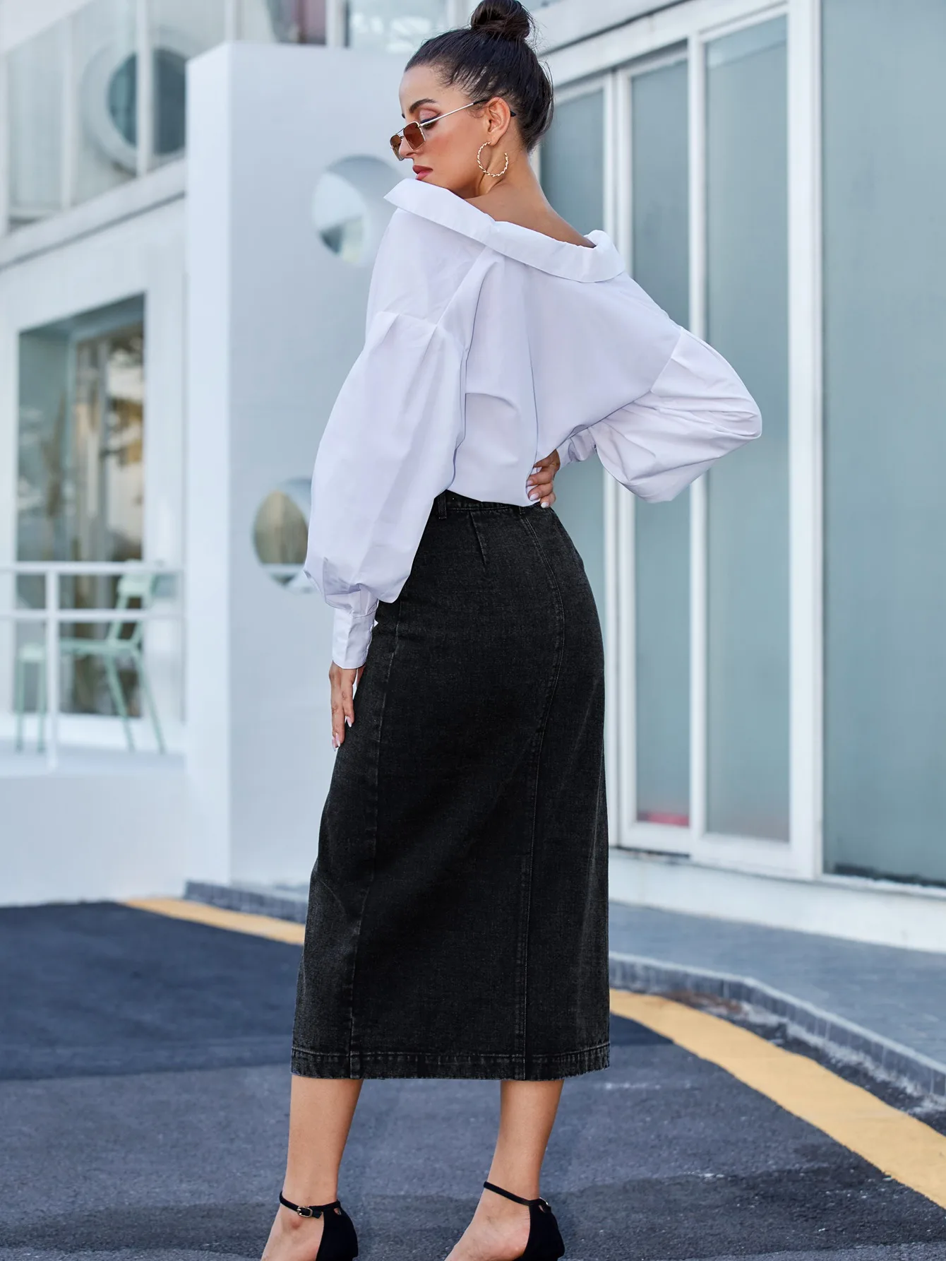 

Women 2021 Summer Denim Skirts Holiday Style With Fashion Buttons Front Split Ankle Length High Waist Street Wear Real Picture