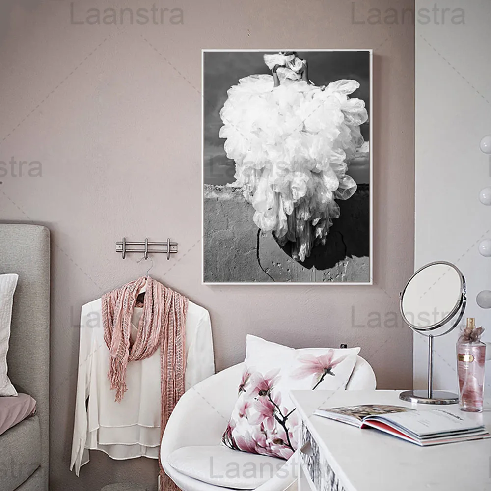 

Black and White Home Decoration Painting Simple Text Living Room Wall Canvas Poster Girl In White Skirt Beauty Cloakroom Print