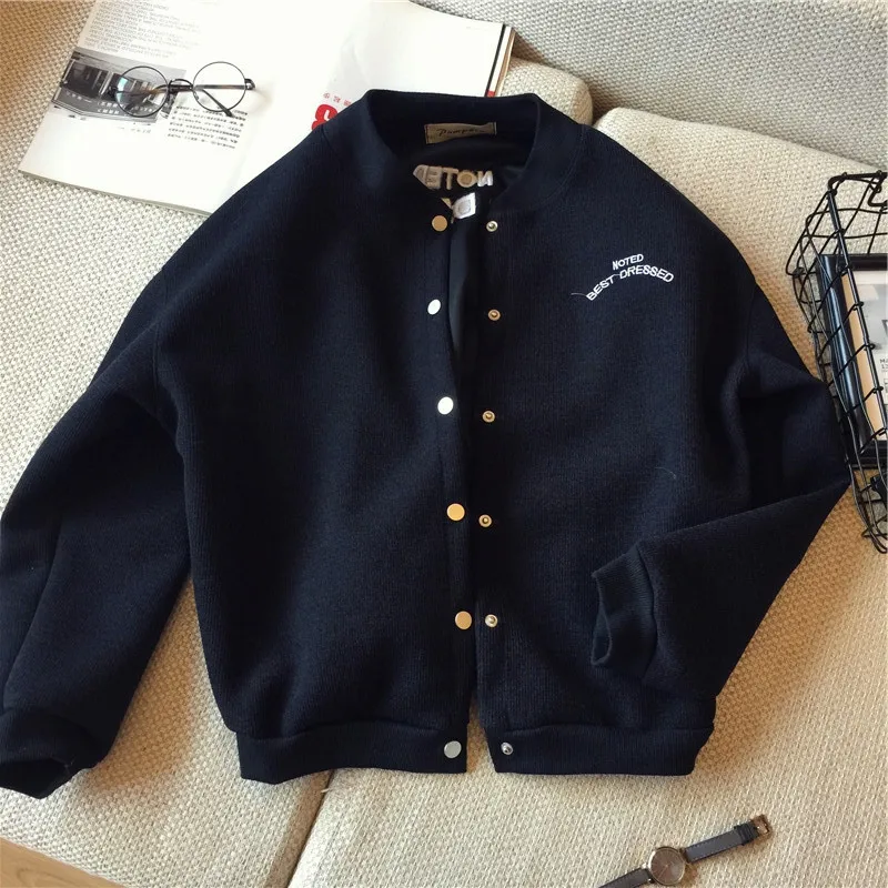 

Dark Blue Letter Baseball Knitted Cardigan Sweater Jacket for Women 2021 Designer Luxury Female Clothing Vintage Indie Clothes