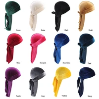 unisex velvet durag long tail and wide straps waves for men solid wide doo rag bonnet cap comfortable sleeping hat wholesale