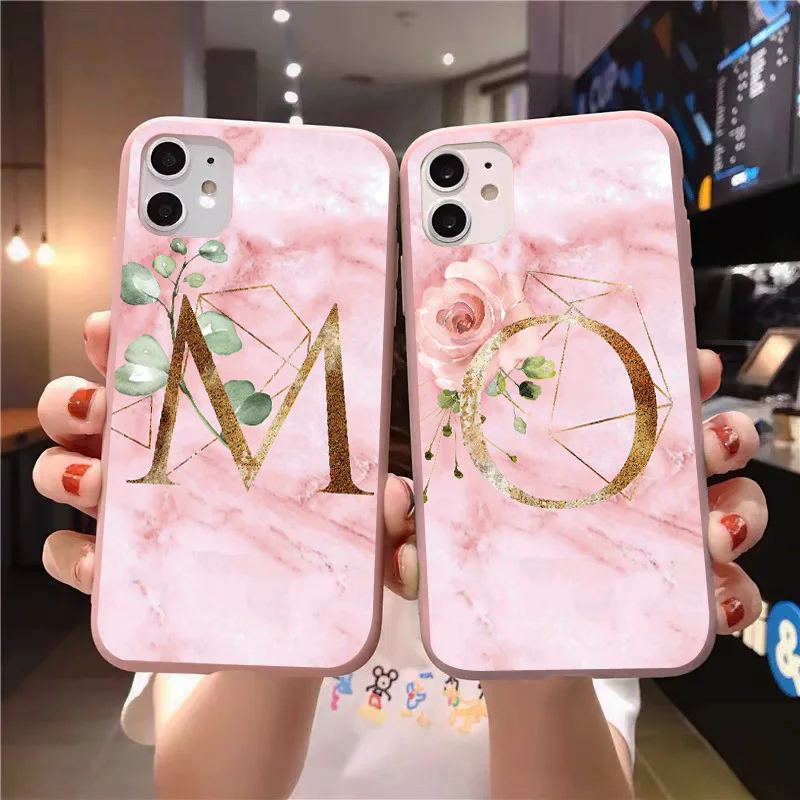 Initial Letter Silicone Phone Case For iPhone 13 12 mini 11 Pro X XR XS Max 6s 7 8 Plus Retro Pink Leaves Soft TPU Back Cover