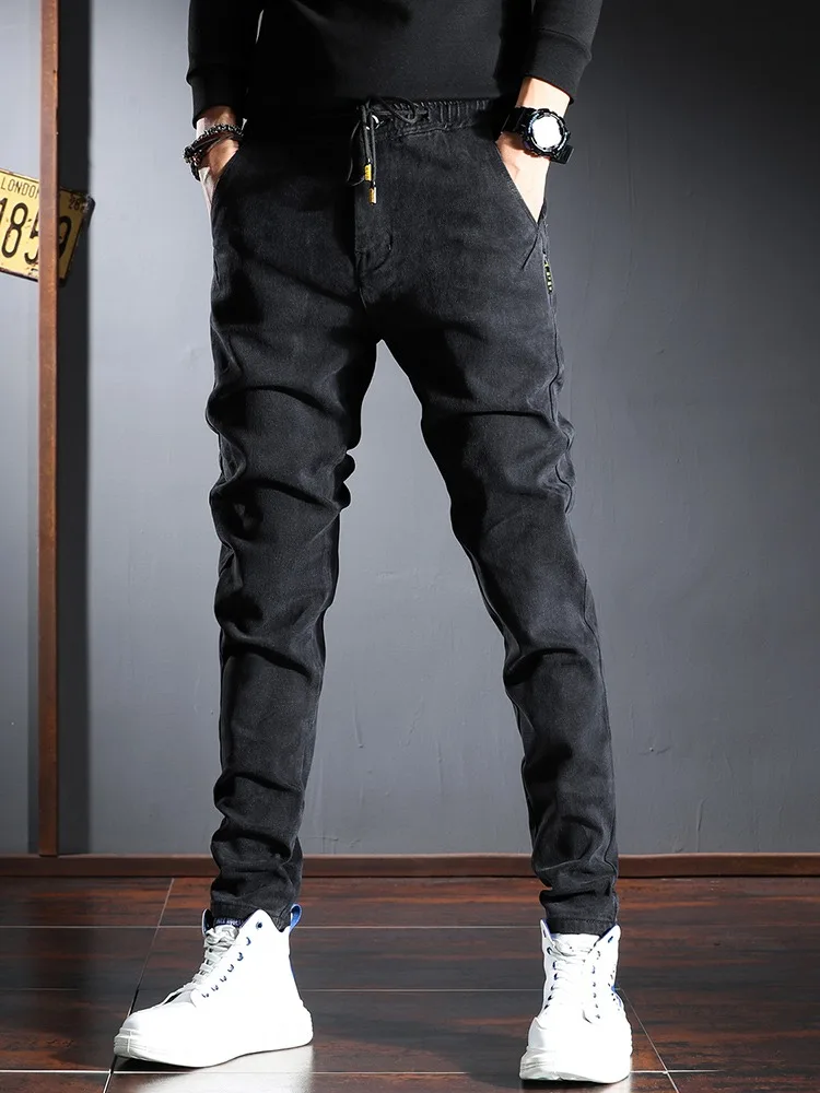 Elastic Waist Jeans Men Slim Fit Casual Pants Fashion Black Jean Mens Streetwear Denim Trousers