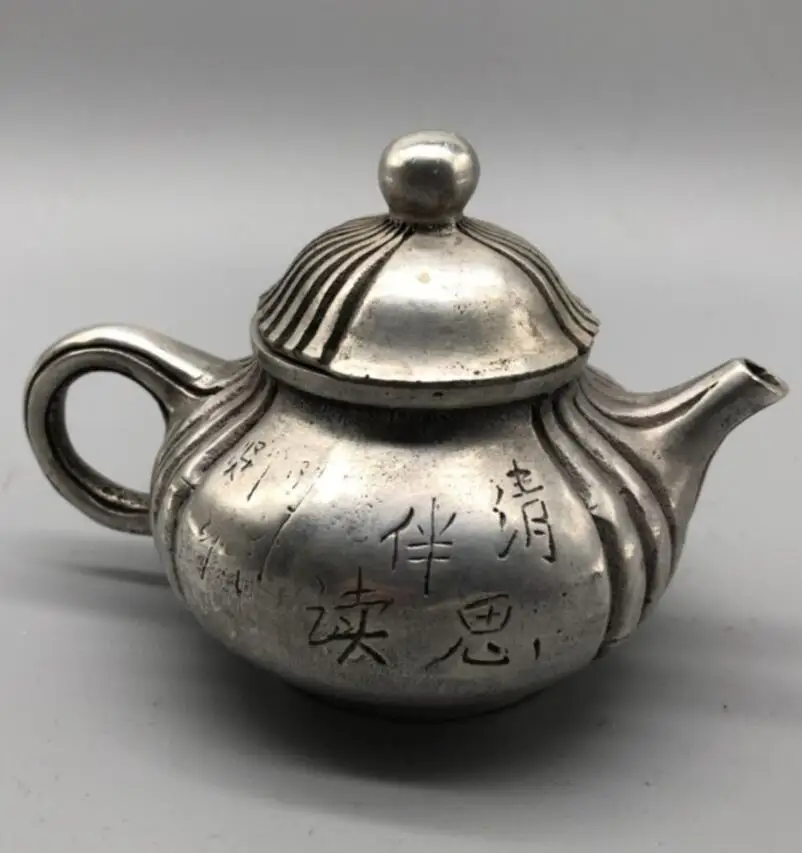 

China White copper Bamboo leaves teapot crafts statue