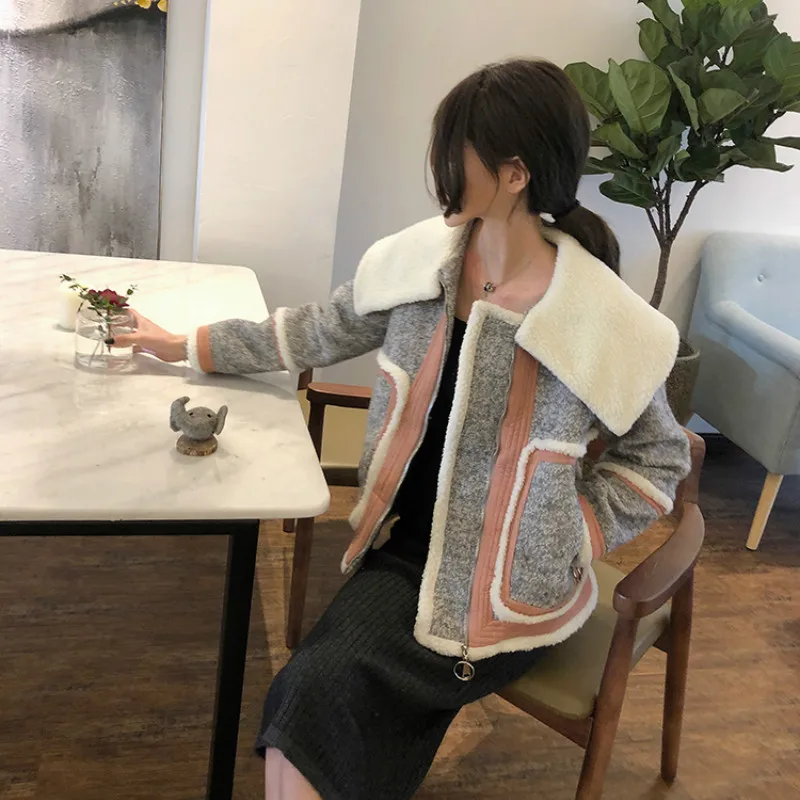 Осенне-зимнее пальто женское из смешанной шерсти большой отворот молния