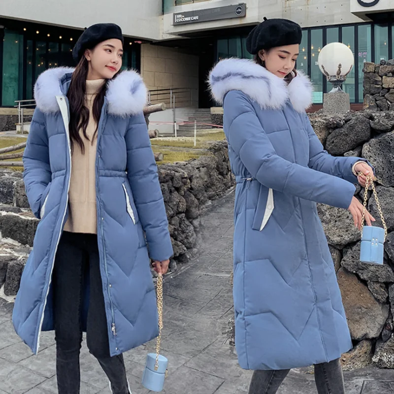 

winter autumn new style female long cotton coats fashion slim pure color fur collar women green thick comfortable down jacket