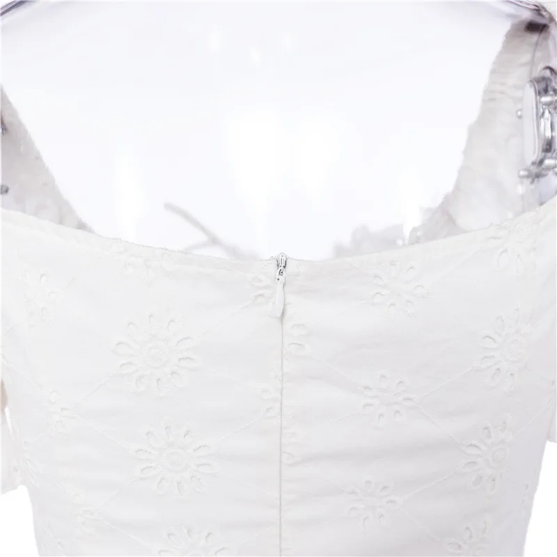 

2021 Short Puff Sleeve Square Collar White Hollow Out Embroidery Sexy Mini Pleated Dress Women Summer Female Sundress