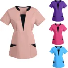 Женская блузка с коротким рукавом и V-образным вырезом, однотонная, с карманами, в стиле пэчворк, аксессуары для медсестер