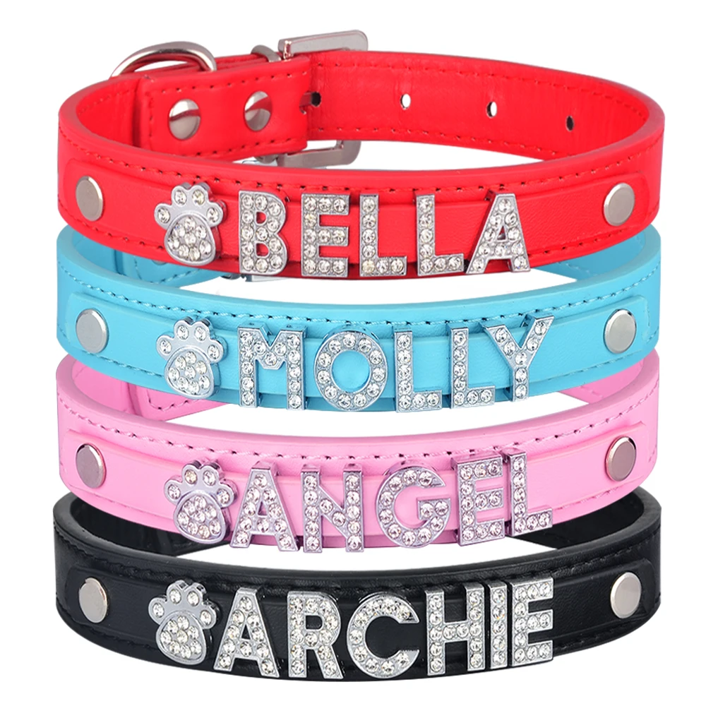 

Small Boy Girl Cute Green Red Cat Collar Puppy Small Adjustable Personalized Dog Collar Rhinestone Bling Charms Custom Dogs Name