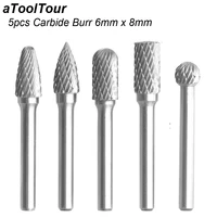 5pcs tungsten carbide 6mm shank rotary point burrs grinder 8mm edge bits double single cut for finishing metal molds processing