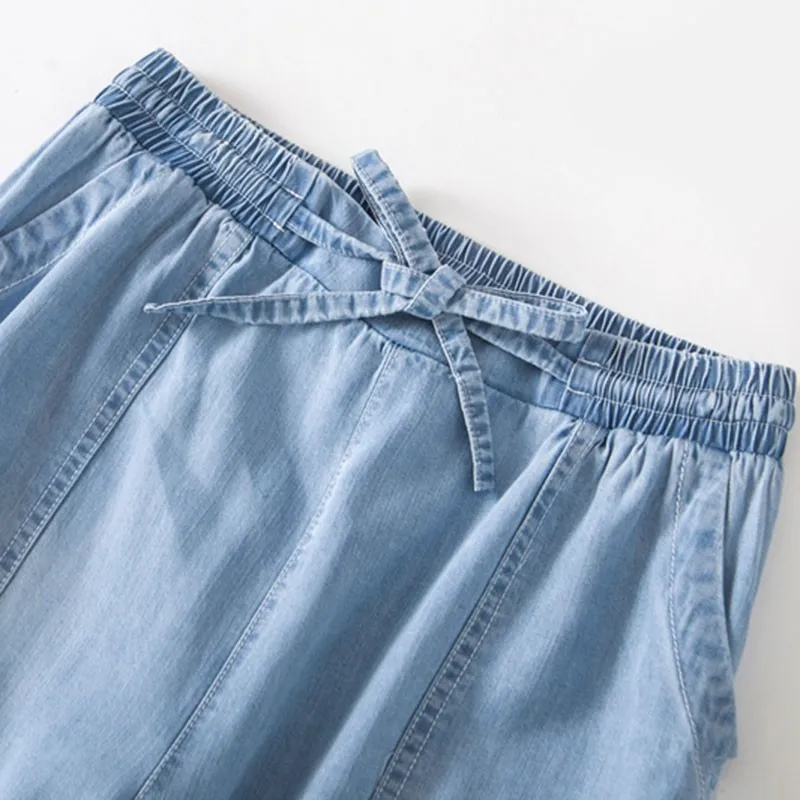 

Plus Size Women Loose Casual Thin Denim Pants New 2021 Summer Vintage Style Elastic High Waist Female Wide Leg Jeans S3538