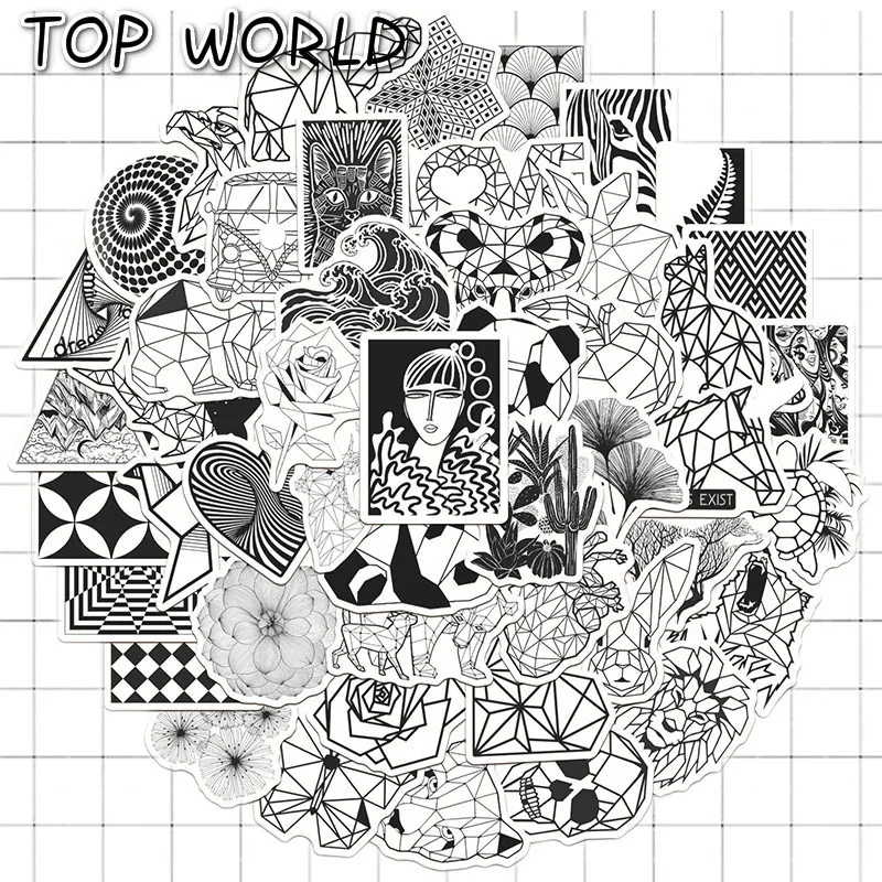 10/50Pcs/set Black And White Geometric Animals Art Cartoon Graffiti Sticker For Kid Case Helmet Luggage Laptop Decals Motorcycle