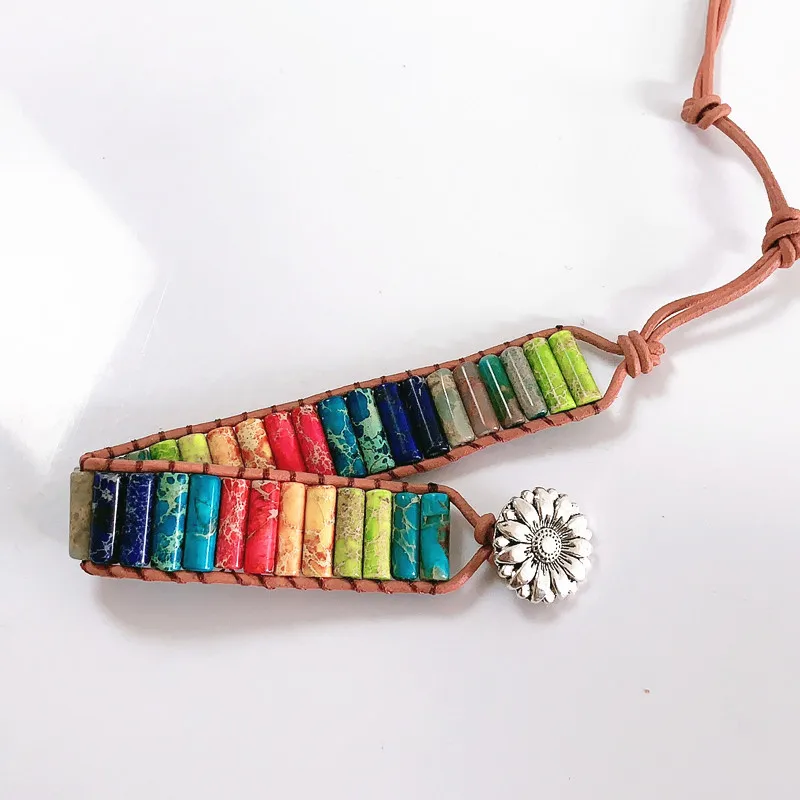 

7Chakra Bracelet Jewelry Handmade Multi Color Natural Stone Tube Beads Leather Wrap Bracelet Couples Bracelets Creative Gifts