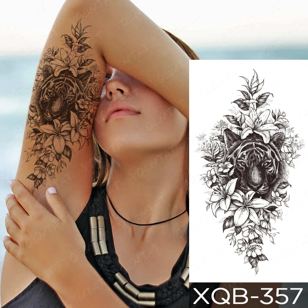 

Tiger Temporary Tattoo Sticker Jaguar Wolf Lion Lily Branch Fake Tatu Neck Arm Shoulder Waist Girl Women Glitter Tato Kids Art