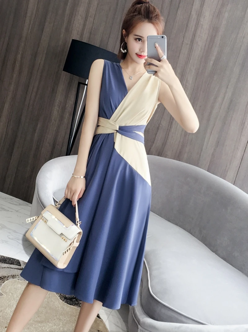 

summer women dress V-Neck Sleeveless Patchwork Party Beach dress women Fashion Slim bandage Midi dress Ladies Sundress Vestido