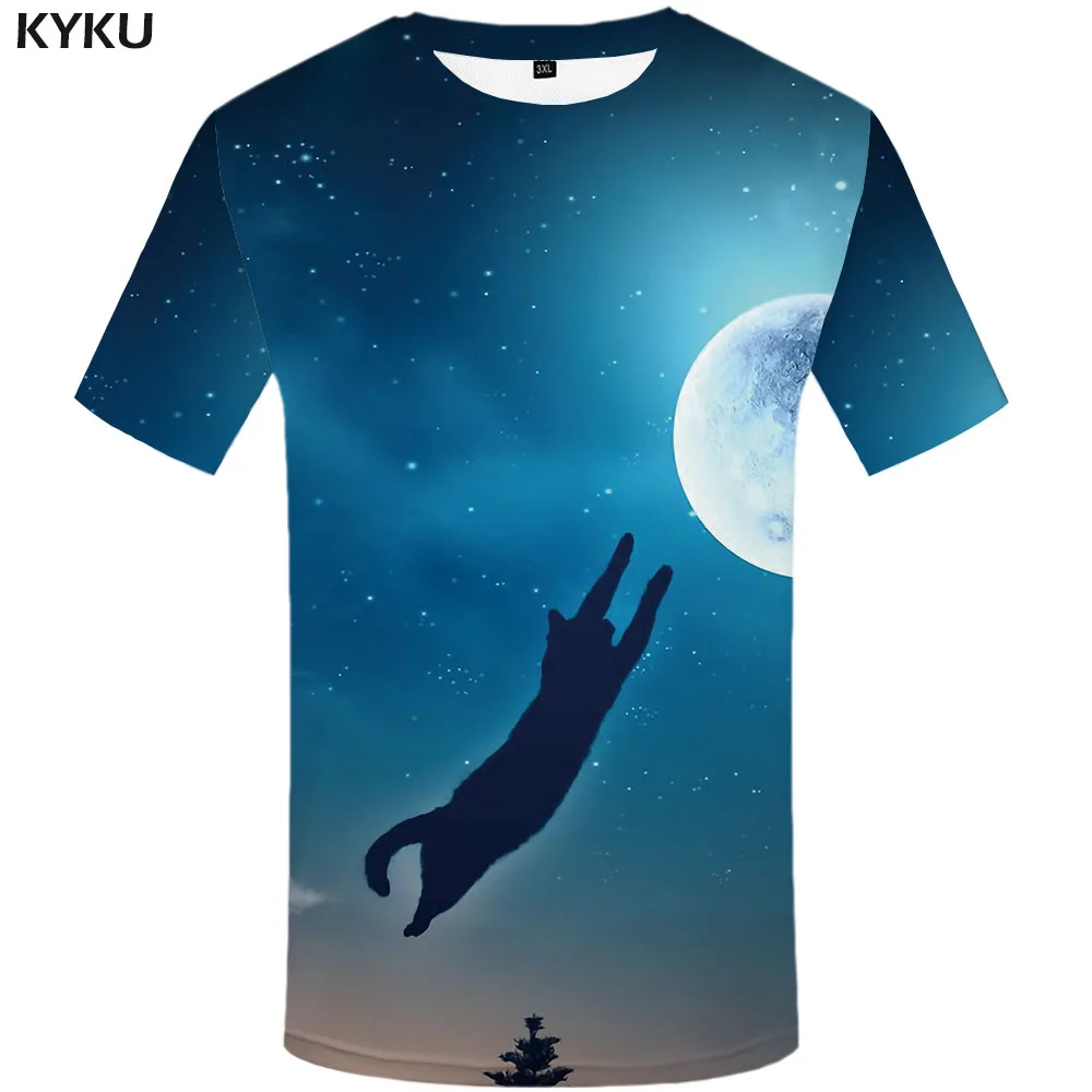 KYKU брендовая футболка с котом мужские футболки животными 3d Луной Печатные