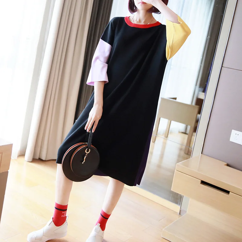 

Fall 2019 fashion hit color knit dress women long section of the new Korean loose sweater bottoming