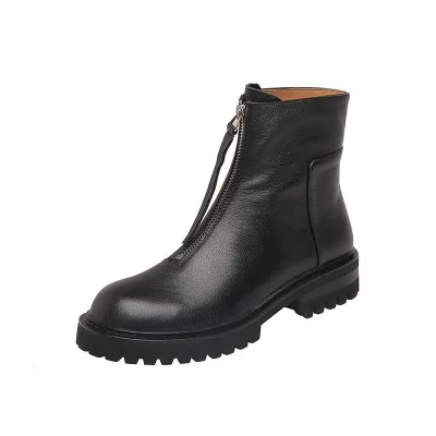 

Thick-Soled Front Zipper Martin Boots Women Spring Autumn Round Toe Thick Heel All-Match Short Tube Handsome Motorcycle Boots