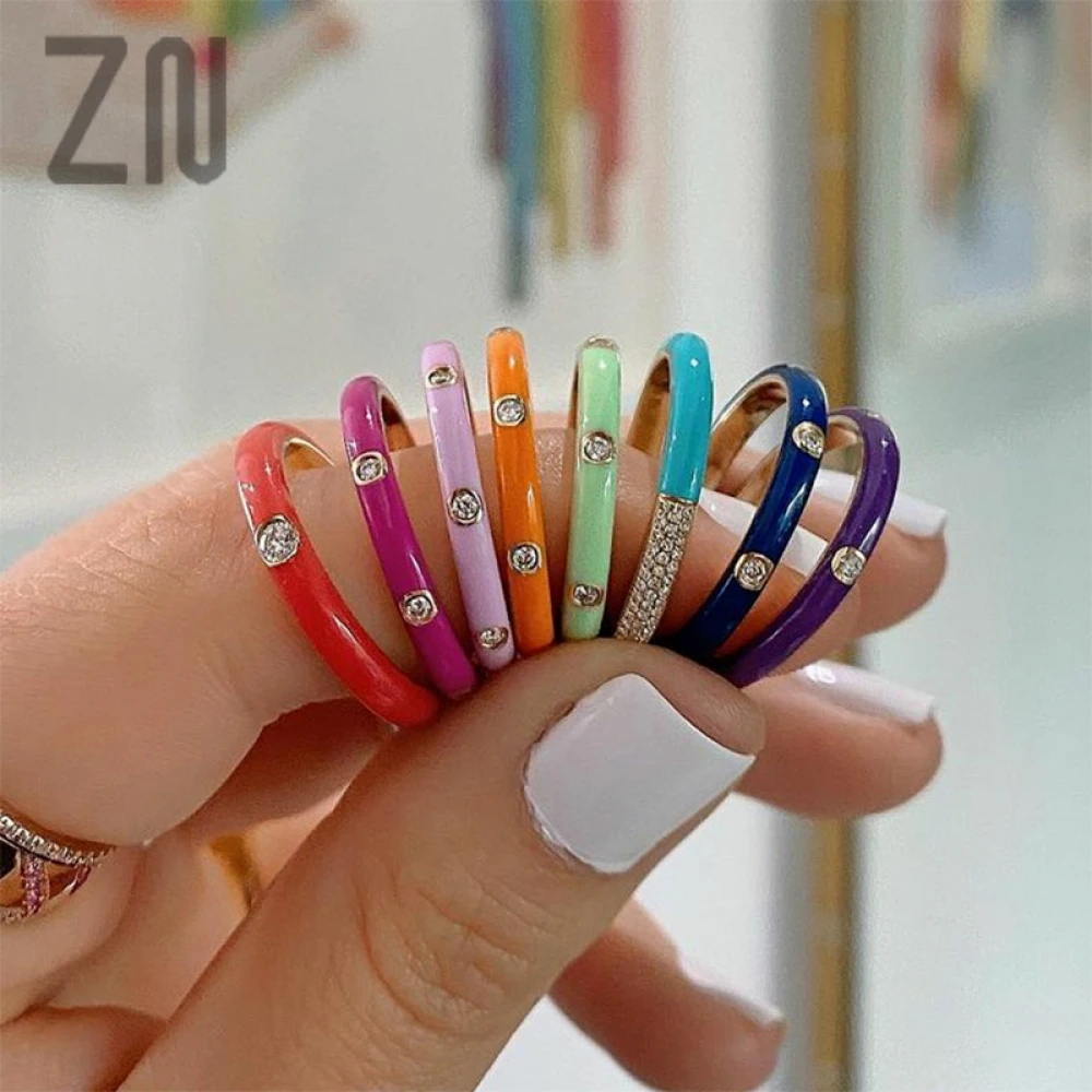 

ZN INS Style Fashion Jewelry Creative Geometric Metal Finger Ring Romantic Gifts Trendy Multicolor drip glaze Inlay Zircon Rings