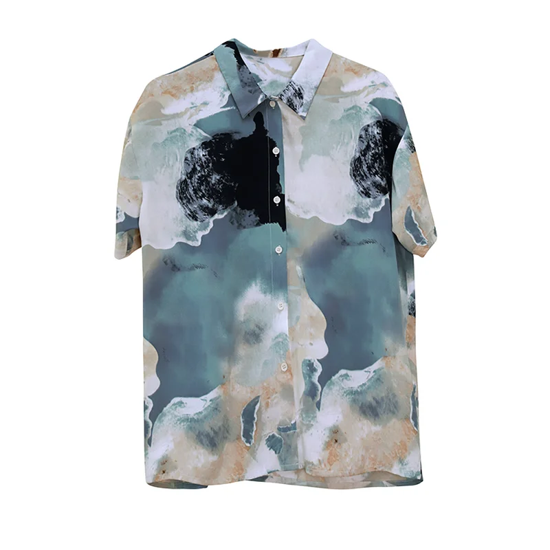 

Korejepo Women Shirt 2021 Summer New Retro Turn-down Collar Single-breasted Ink Printing Loose Casual Short-sleeved Female Top