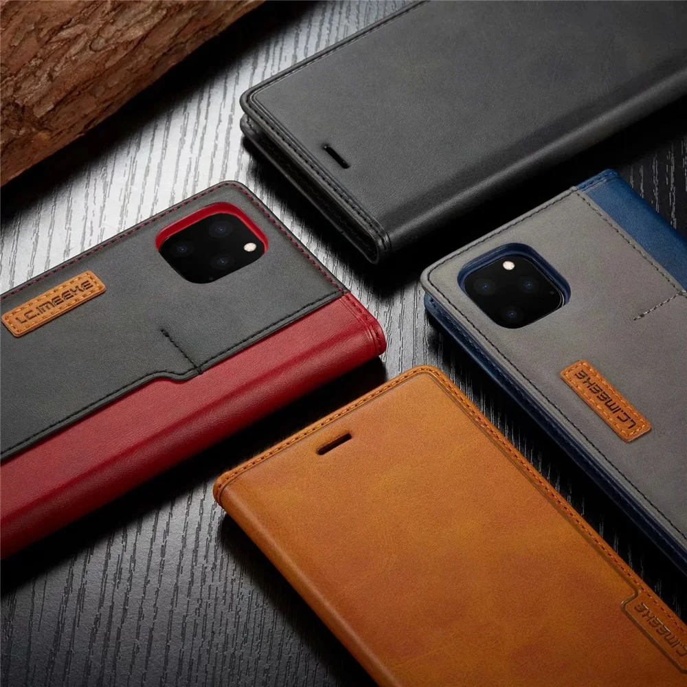 

Leather Flip Cover For iPhone 11 Pro Max XS Max X XR 8 Plus 7 Plus 6s Plus 6 Plus Contrast Color Magnetic Holster sim card slot