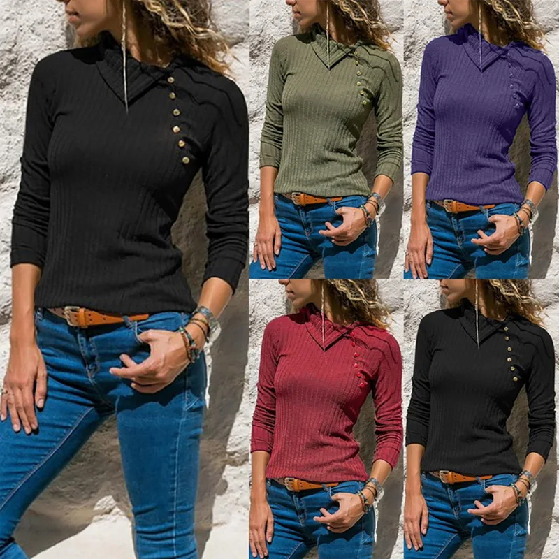 Ladies Long Sleeve Lapel Slim Fit Striped Casual Button Pullovers 2019 New Womens Fashion Solid Color Autumn and Winter Sweaters | Женская