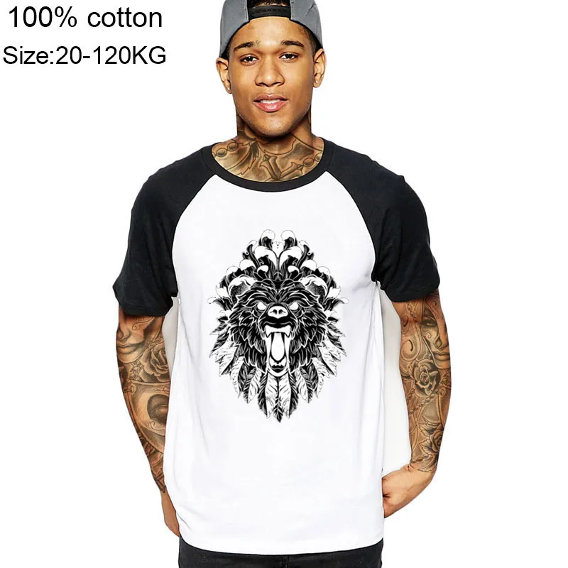 Bear Grizzly Roar Tattoo Feathers peony Distressed on sale Men brand tshirts 100% cotton gift t-shirt lion king male tv t shirts Мужская