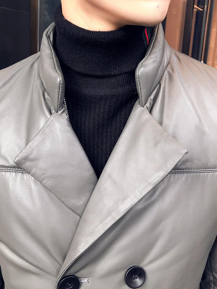 

90% High Jacket Quality Sheepskin White Duck Down Men Long Warm Double-row Button Genuine Leather Jackets and Coats