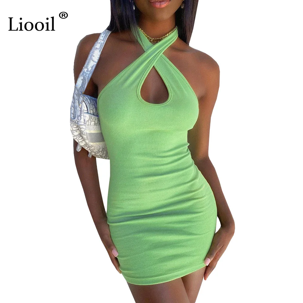 

Liooil Knit Ribbed Halter Mini Dress Women Summer Streetwear Sleeveless Backless Green Blue Khaki Knitwear Sexy Bodycon Dresses