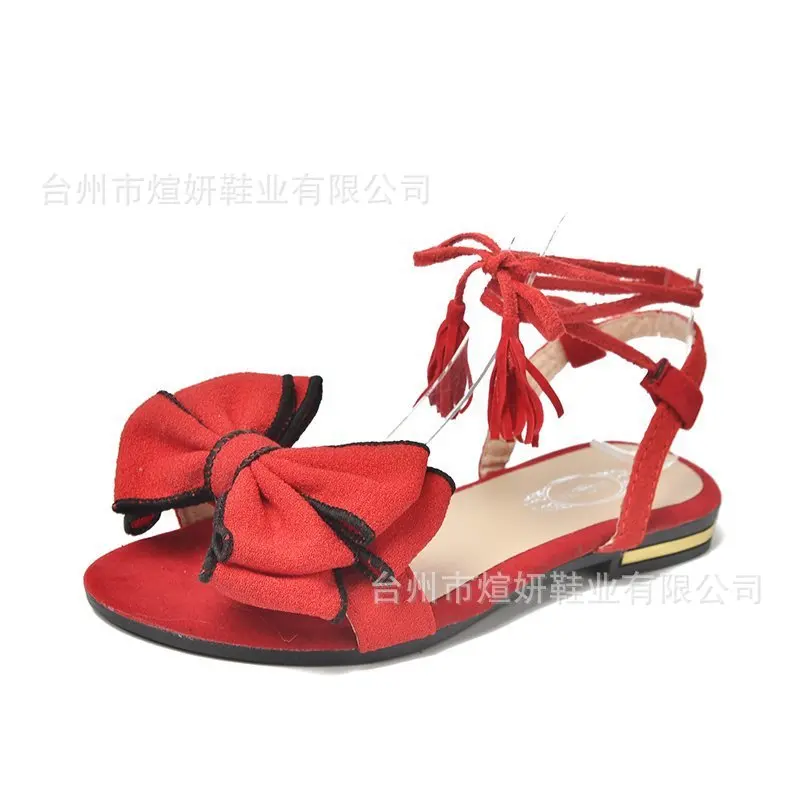 

Front lace sandals women 2021 new lace Roman shoes summer butterfly toe thick heel flat heel sandals women