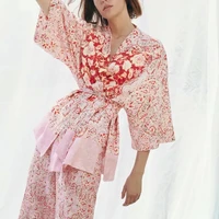 2021 floral print kimono blouses women casual long wide sleeve belt tops fashion side vents loose summer beach female blouse