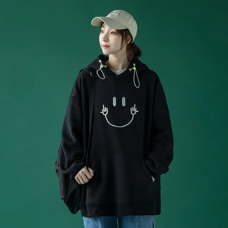 

Women's Hoodies Pure Cotton 2021 Spring Autumn New Loose Hedging Smile Face All-Match Korean Style