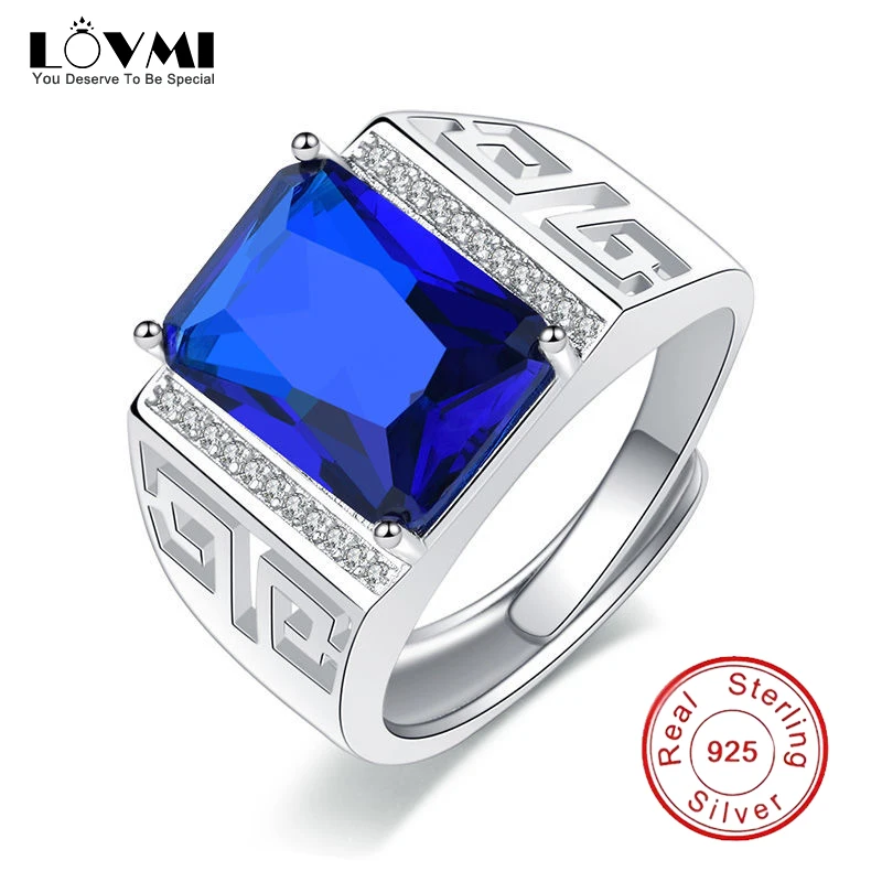 

2021 Vintage 925 Silver Men's Rings Royal Sapphire Gemstone Jewelry Accessories Open Adjustable Carved Ring Wedding Party Gift