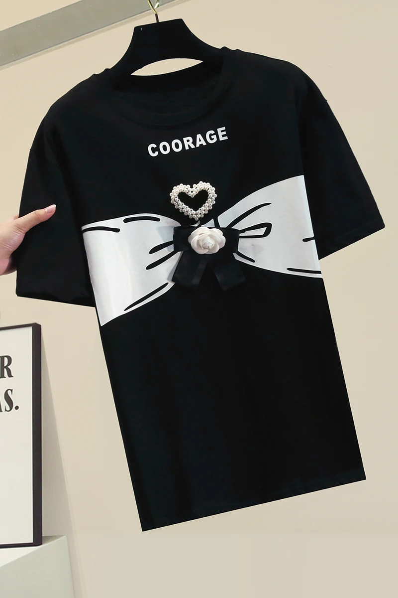 

Fashion Beaded Bow Cotton Short Sleeve Loose T-shirt Women's 2021 Summer New Black Round Neck Pullover Top for Ladies
