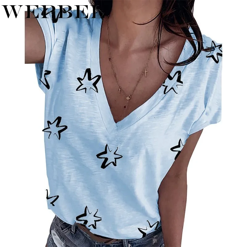 

WEPBEL Women Summer Loose Shirt Casual Short Sleeve V Neck Star Print T-shirt Top Plus Size