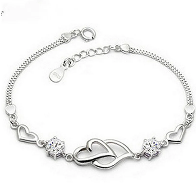 

925 sterling silver new heart to heart bracelet fashion female models cute vintage wild super flash jewelry Purple crystal