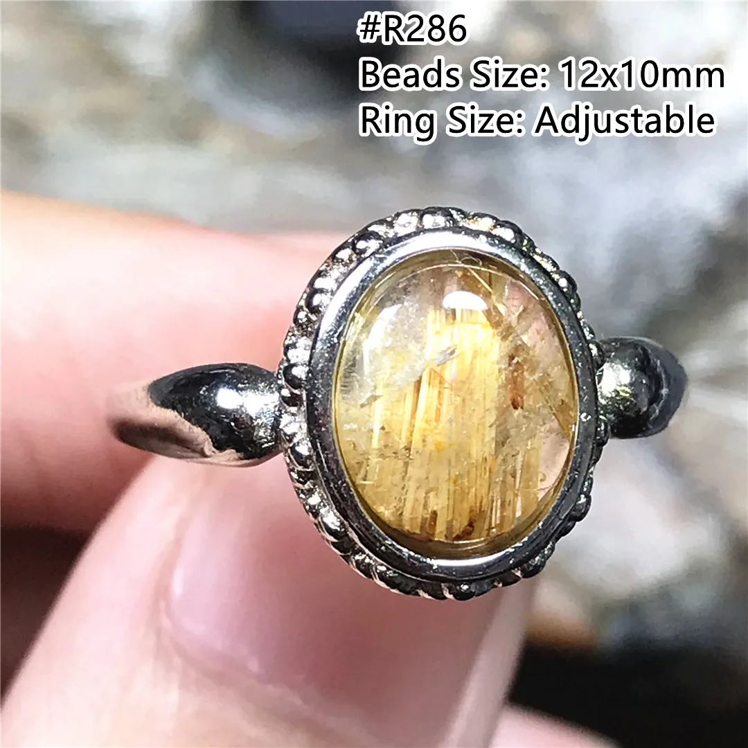 

15mm Natural Gold Rutilated Quartz Ring For Women Men Wealth Luck Gift Crystal Silver Beads Jewelry Adjustable Size Ring AAAAA