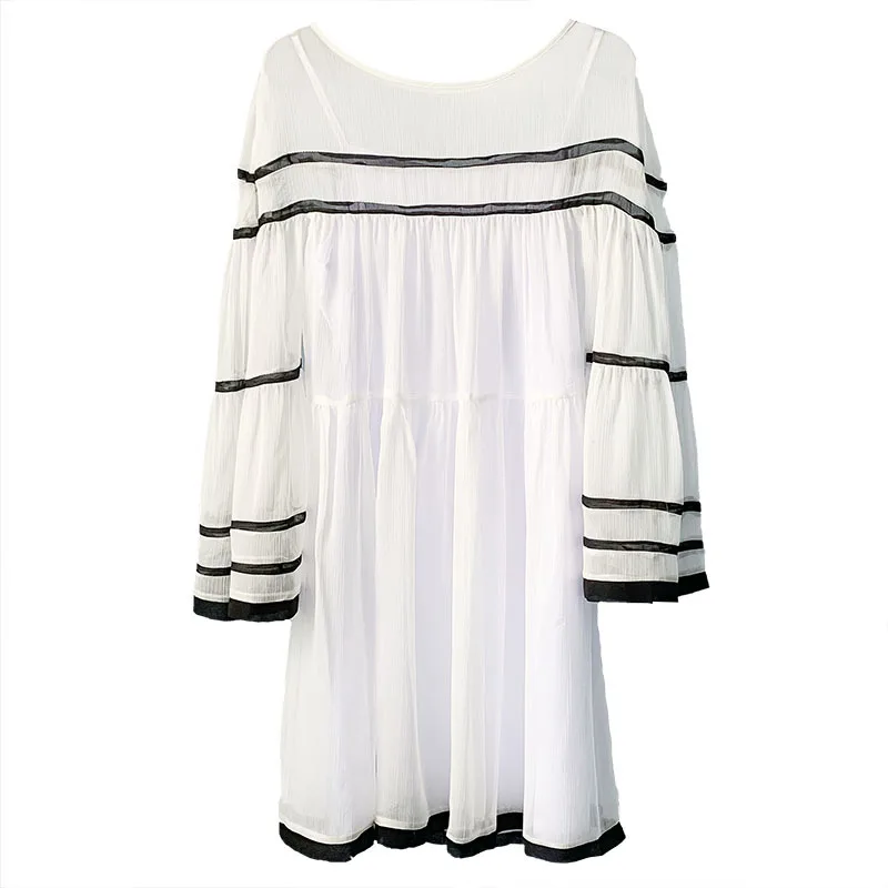 

Korean Fahion Elegant O-neck Flare Long Sleeve Mini Dresses for Women 2021 Summer Loose Casual Vestido De Mujer Striped Clothes