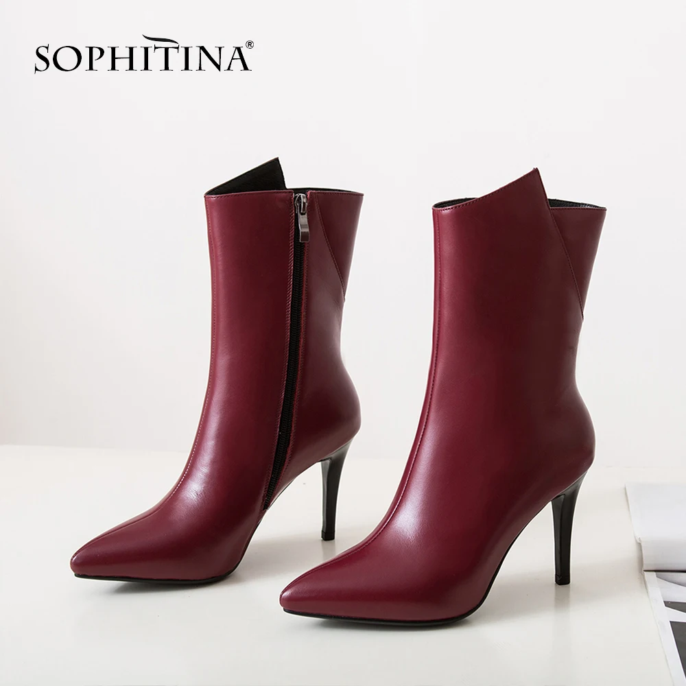 SOPHITINA/пикантные сапоги на тонком каблуке из высококачественной натуральной кожи; модная новая обувь ручной работы с острым носком; женские сапоги на молнии; PO282