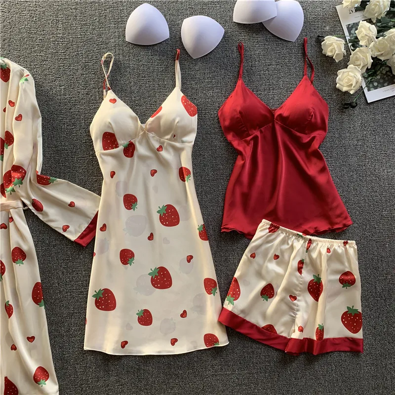 

4 Pieces Pajamas for Women Sexy Satin Silk Lingerie Pajamas Set Home Clothes For Female Underwear Summer Long Sleeve Clothing