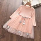 Сетчатое платье принцессы с розовыми звездами для девочек, кружевной костюм с длинным рукавом и поясом для девочек, детская одежда, осеннее платье для 100-140 см
