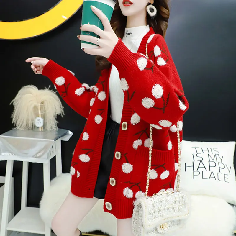 

2020 Cardigans Single Breasted Long Sleeve Cardigans Korean Style Loose Kawaii Sweater Fruit Printting Knitted Women Sweater