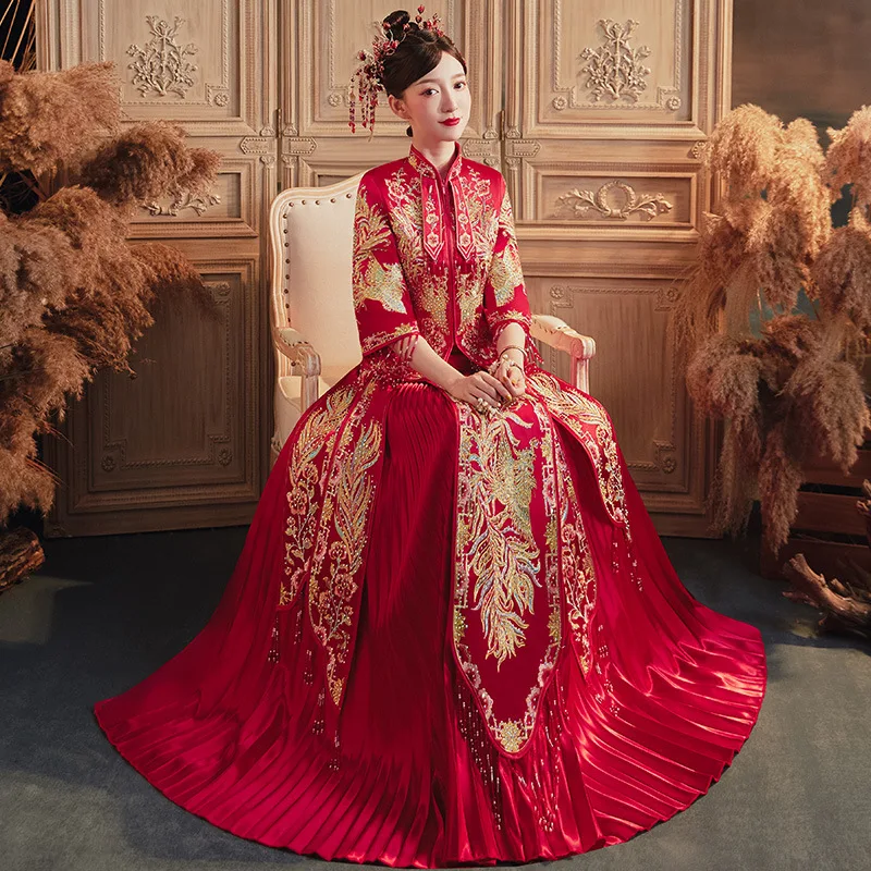 

Autumn Retro Embroidery Oriental Traditional High-quality Wedding Dress Suit Satin Vintage Cheongsam Classic китайское платье