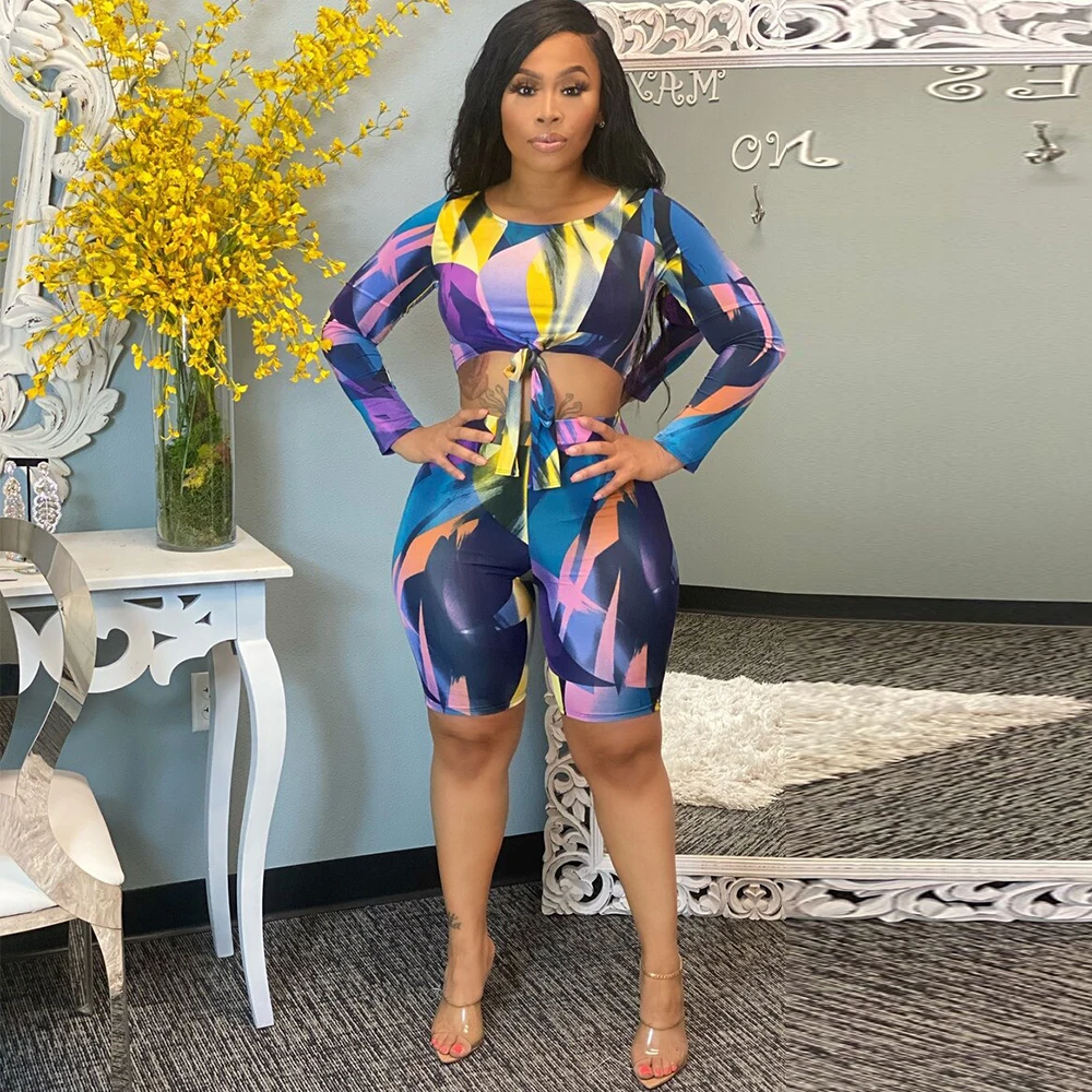 

Hipster Aesthetic Print Two Piece Short Sets Women Long Sleeve Tied Up Crop Top and High Waist Bodycon Shorts Matching Outfits