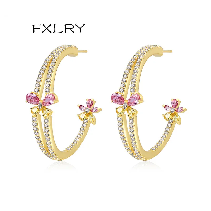 

FXLRY Fashion Big Flower Stud Earrings Pink and Yellow Cubic Zirconia Earrings for Women Party Jewelry