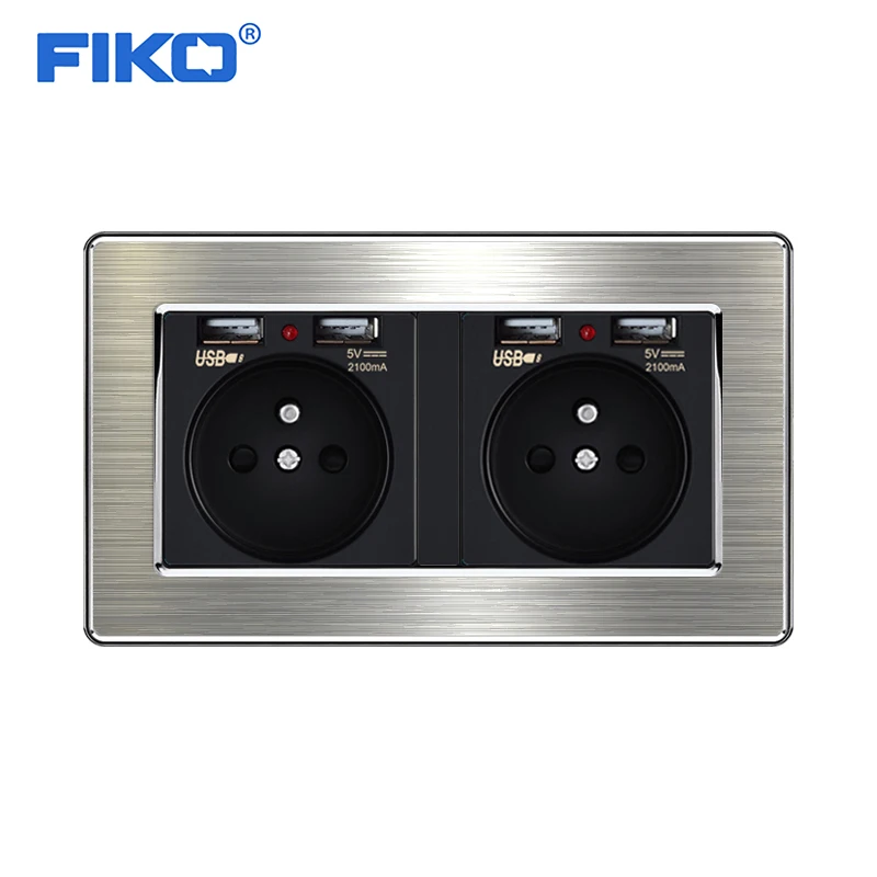 FIKO 16A French socket two gang  stainless steel panel standard with dual USB Household  wall power standard 146mm*86mm