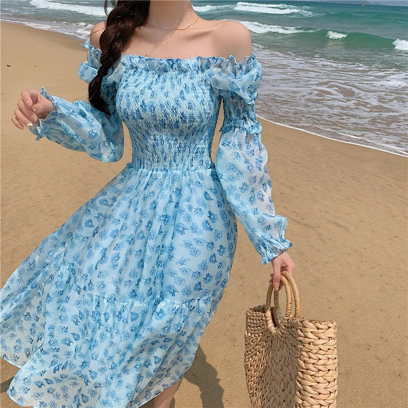 

Floral Dress Women 2021 Summer Puffer Sleeve Beach One Piece Dress Korean Elegant Vintage Dress Female Chic Square Collar