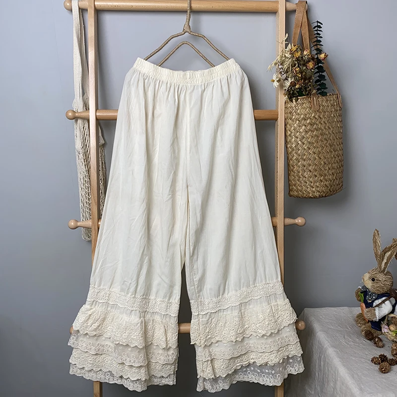 

New Spring Autumn Women Loose Pants Literary Fresh Elastic Waist Cotton linen Lace Wide Leg Pants
