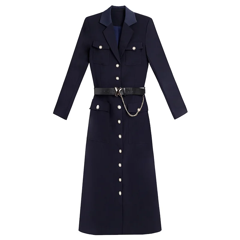 

Adult Lady Like Woman Dress Tight Waist Slimming 2021 New Spring Elegant Suit Collar Belt Tight Waist Mid-Length Dress